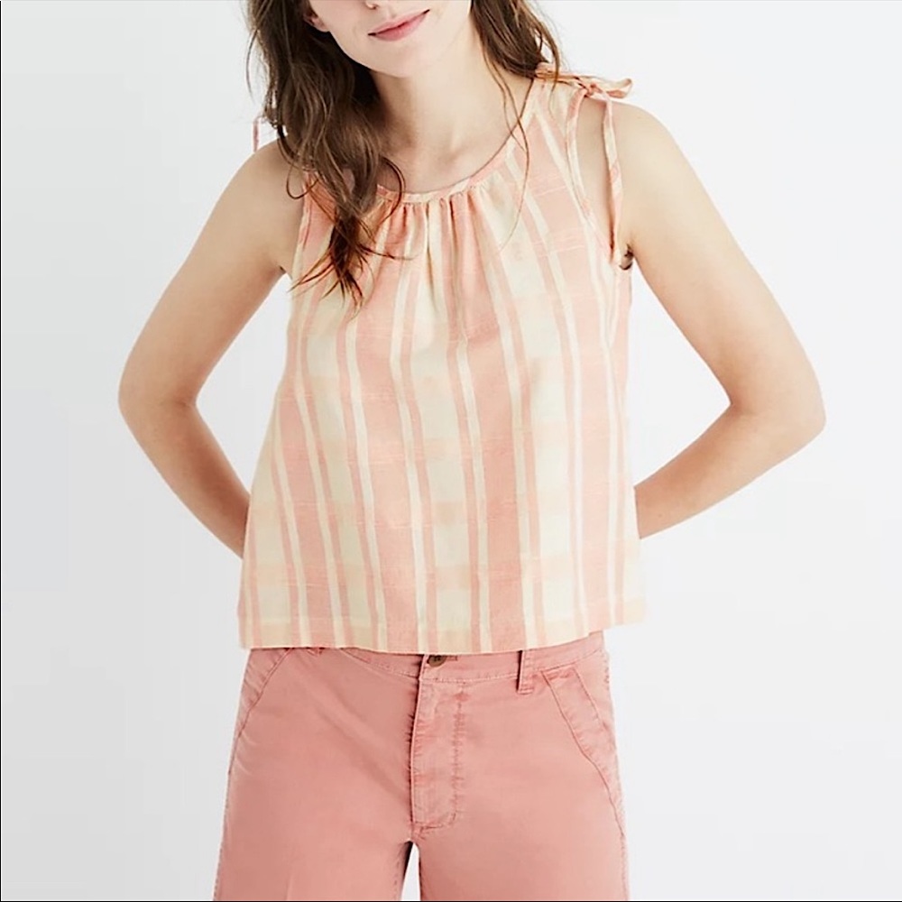 MADEWELL pink plaid tie shoulder cropped cotton tank size XXS like new